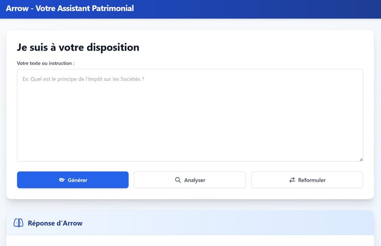 Capture d'écran de l'Assistant Arrow, l'outil IA pour l'analyse patrimoniale en France.