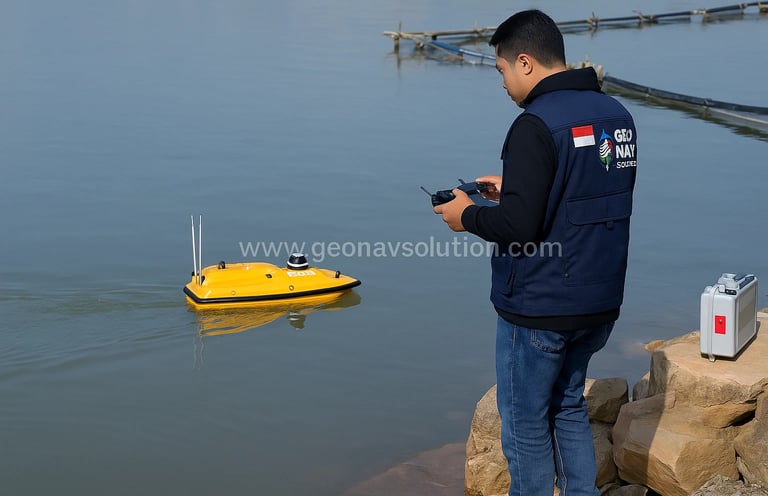 Seorang surveyor Indonesia mengenakan rompi kerja GeoNav Solution sedang mengoperasikan kapal batime