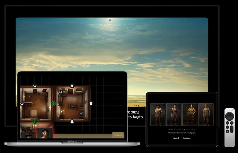 Picture with the game running on a TV, laptop and tablet device