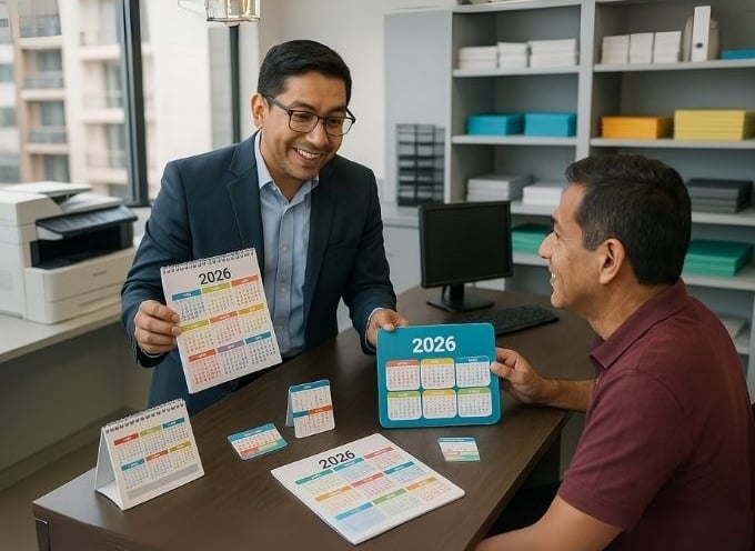Asesor de imprenta mostrando diferentes tipos de calendarios 2026 a un cliente en una oficina moderna en Lima, Perú, ambos re