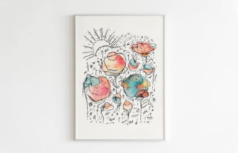 peinture de fleurs surréalistes à l'encre et aquarelle