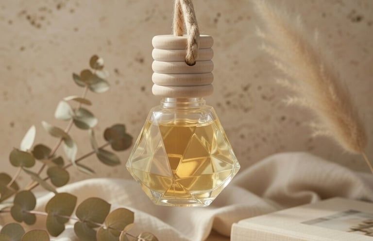 Geometric glass car air freshener hanging with wooden lid near eucalyptus and pampas grass.