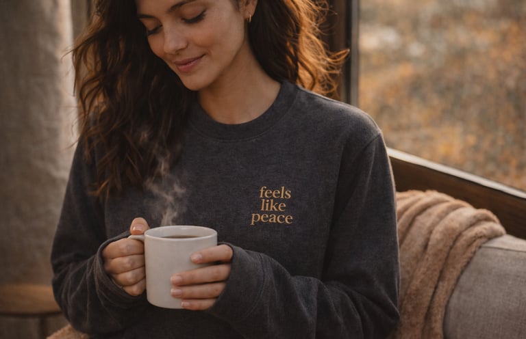 Frau mit Charcoal Heather Sweatshirt „feels like peace“ mit goldener Stickerei von Heartful Apparel
