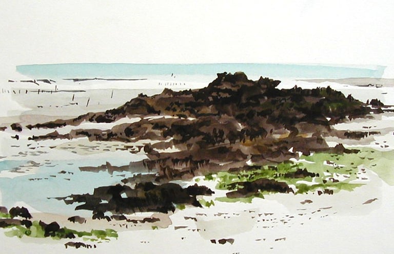 Aquarelle représentant un paysage de Bretagne. 