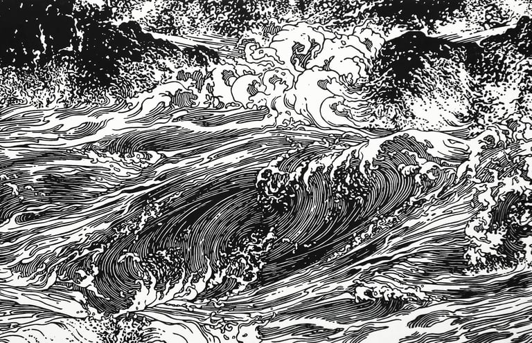 Linogravure, estampe originale,  représentant des vagues.