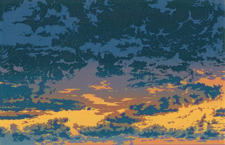 Linogravure couleur représentant ciel et nuages.