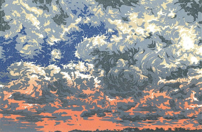 Linogravure couleur représentant ciel et nuages.