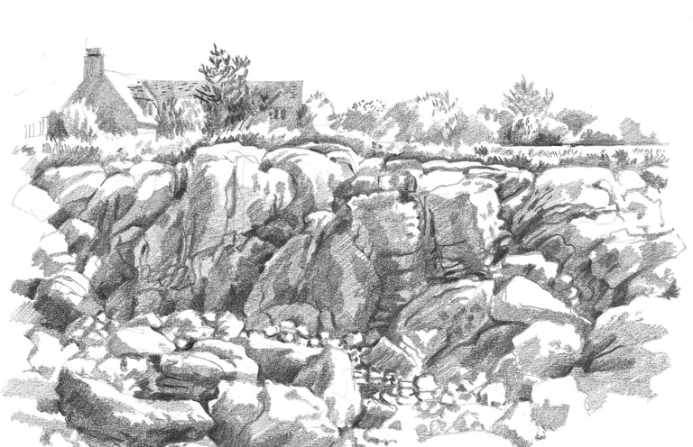 Dessin au crayon représentant un paysage de Bretagne. 