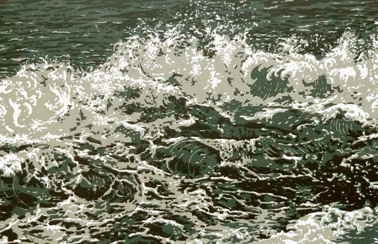 Linogravure, estampe originale,  représentant des vagues.