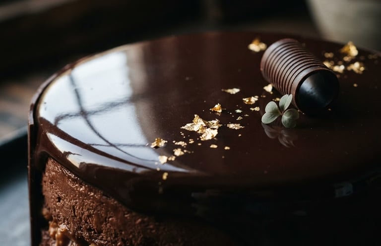 Extreme close-up macro photograph of a perfectly styled dessert, dark chocolate glaze reflecting sharp window light, deep chiaroscuro shadows, premium editorial food photography look