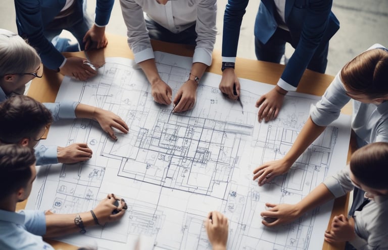 grupo de ingenieros diseñando un plano en una reunion de junta