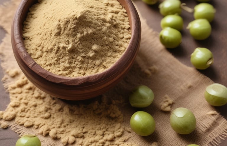 Amla powder displayed in a small glass jar with fresh amla fruits and green leaves around it.
