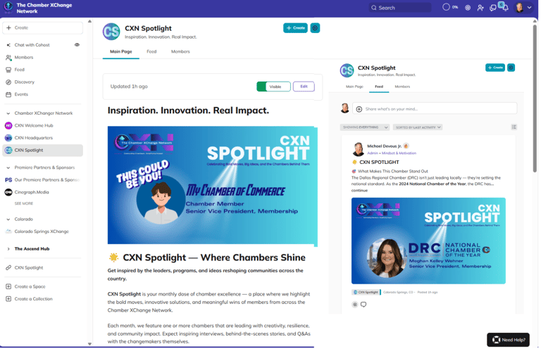 CXN Spotlight page highlighting chamber success stories, inspiring quotes, and featured posts.
