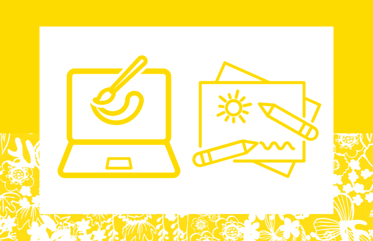 Image of a laptop, paintbrush and illustrations