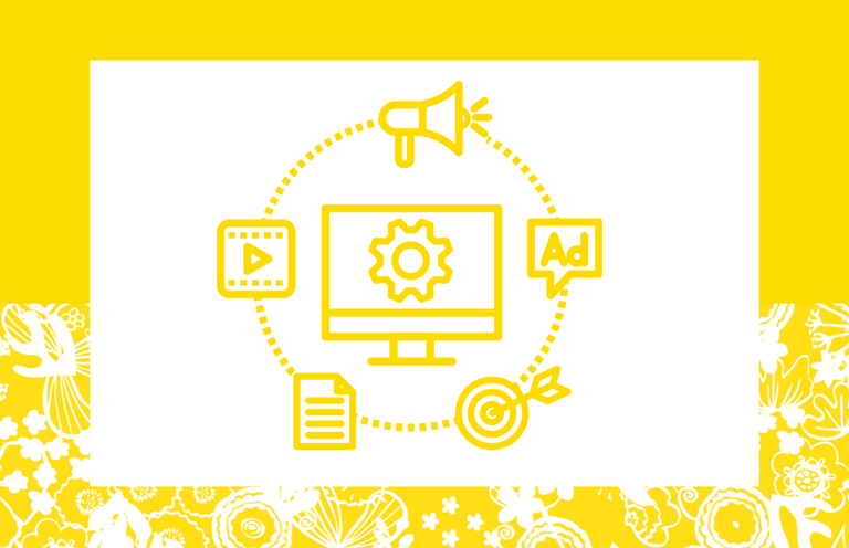 marketing strategy icons eg target, documents, video, advertisements and megaphone