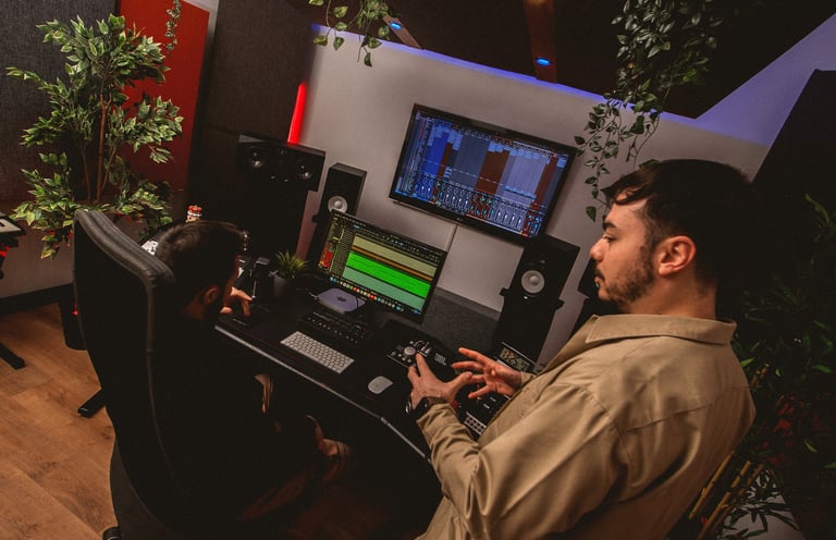 produttore musicale e fonico a lavoro nello studio di registrazione, mixing e mastering