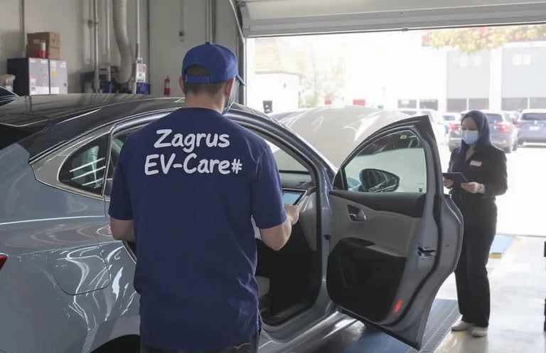 Techniker misst den Zustand der Hochvoltbatterie – Zagrus EV Care