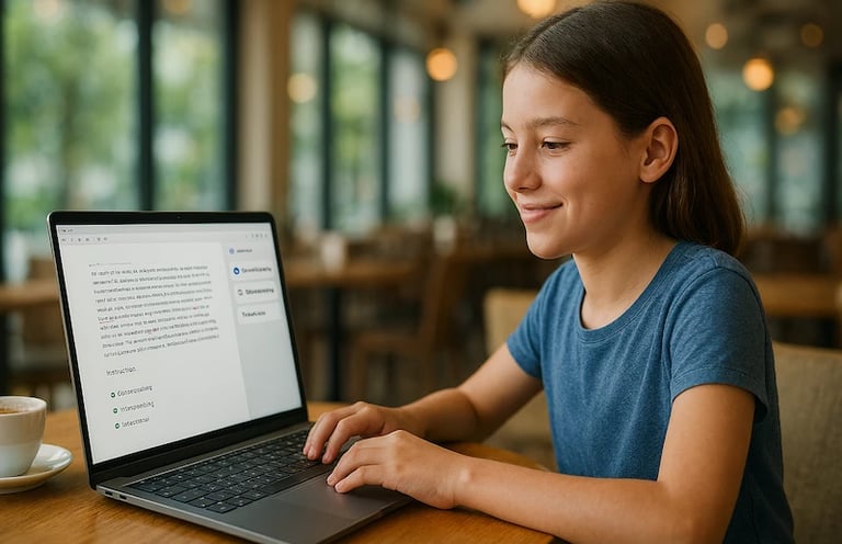 A smiling student using Grammarly AI to correct grammar and spelling errors on a laptop