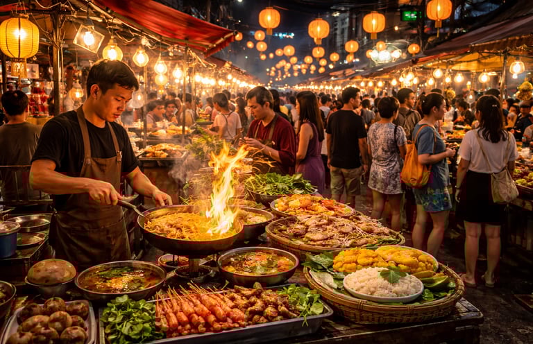 Bangkok night food festival with lanterns, crowds, and a vendor cooking pad thai over an open flame.
