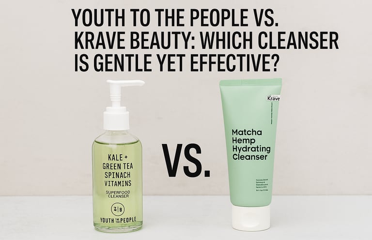 Side-by-side image of Youth to the People Superfood Cleanser and Krave Beauty Matcha Hemp Hydrating 