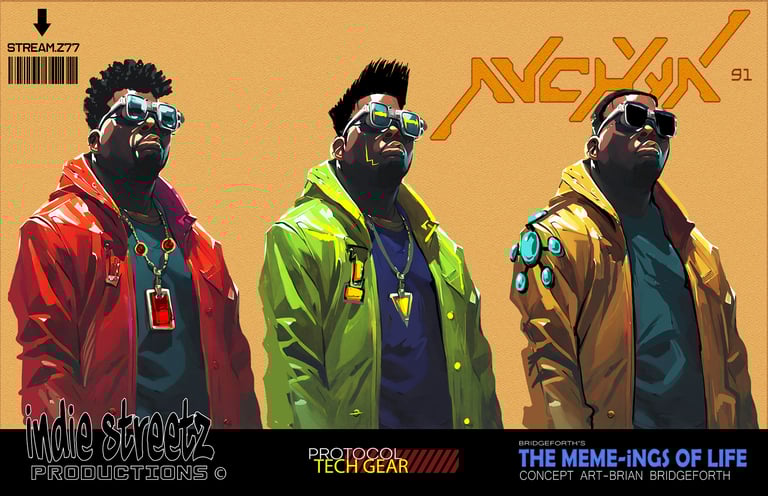 Cyberpunk digital art of three stylish characters wearing futuristic streetwear and neon tech gear.