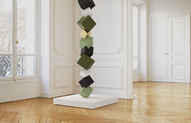 Détail Sculpture Pyrite polychrome sur socle blanc, appartement parisien murs blancs