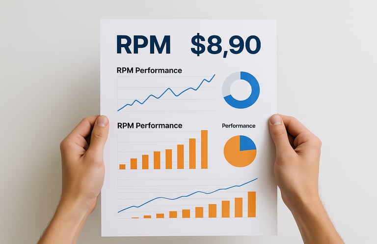 "Hands holding a printed RPM analytics report showing revenue charts, performance graphs, and advert