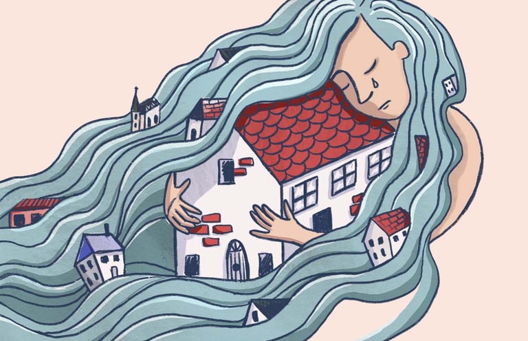 a woman with long hair and a house in the background