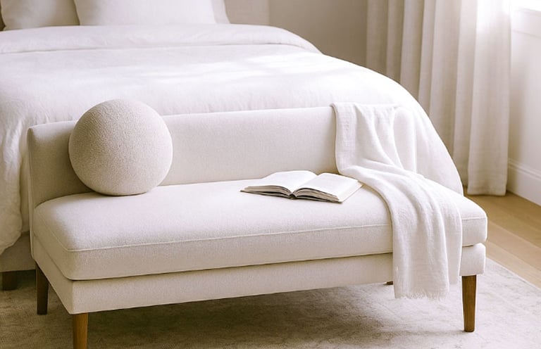Compact linen settee in a cozy reading corner with natural shadows, a book, and a warm light atmosphere.