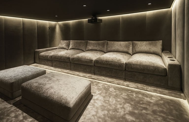 Luxury home theater with custom chaise lounges, matching ottomans, and upholstered wall panels, crafted by Solo Home Decor