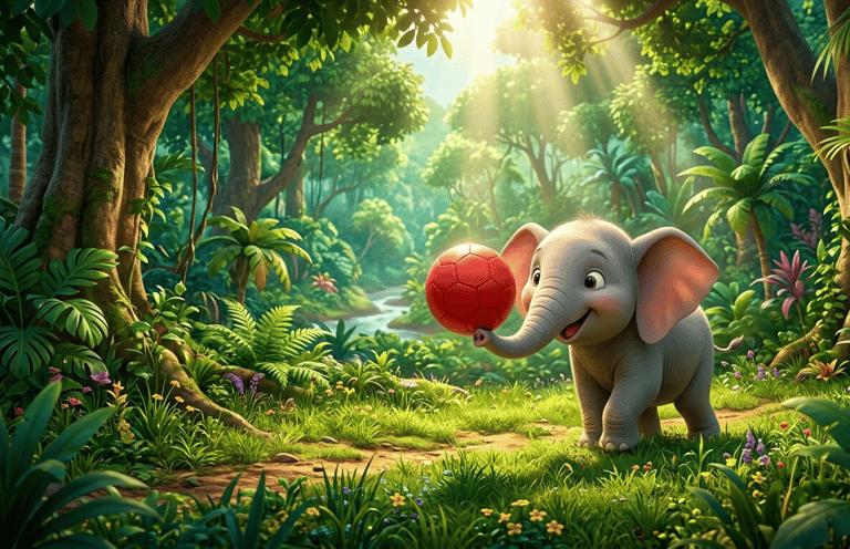 A cute baby elephant playing with a red ball in a sunlit tropical jungle illustration.
