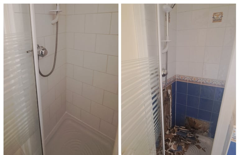 Before and after comparison of a bathroom shower stall renovation with new white subway tile.