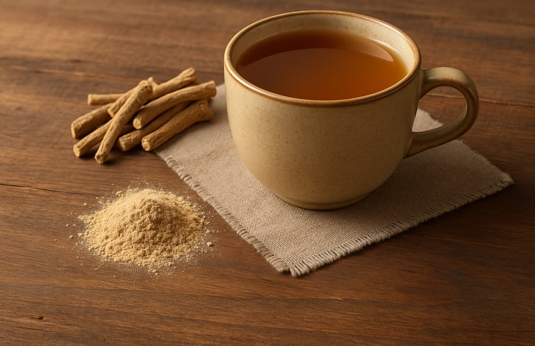 Cup of ashwagandha tea with dried root and powder on a wooden table.