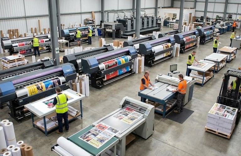 a large print shop with a large number of machines