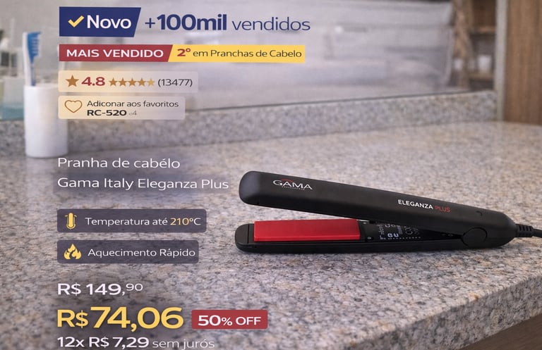 Prancha de cabelo Gama Italy Eleganza Plus preta com placas vermelhas sobre bancada de granito.