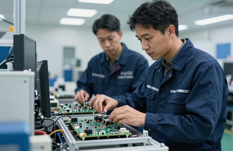 A professional photograph showing the final assembly of electronic devices in a high-tech manufacturing facility. An engineer in North American / US work attire is seen in the background observing the process with an air of trusted partnership. The lighting is clean, using a palette of Deep Navy Blue and Soft Ice Blue.