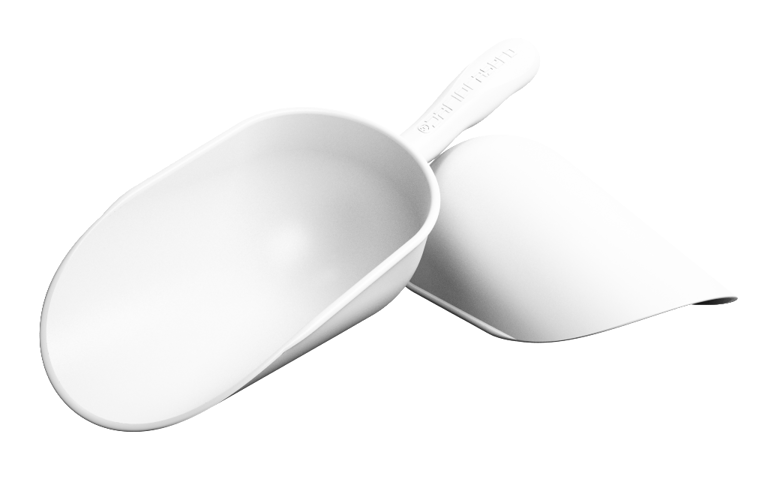 Vue inversée de la pelle blanche HACCP. Surface lisse pour une désinfection facile et rapide.