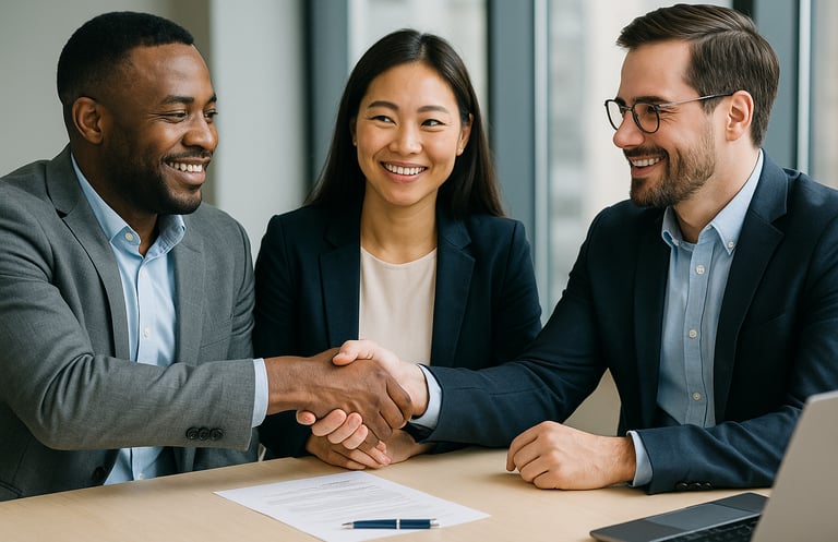 Three diverse business professionals smiling and shaking hands around a contract in a modern office, representing successful