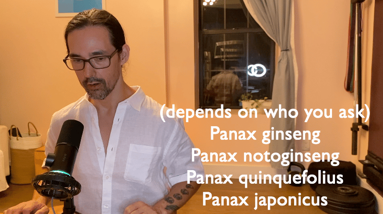 types of ginseng include Panax ginseng, Panax notoginseng, Panax quinquefolius, Panax japonicus