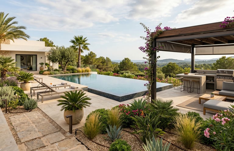 Luxury backyard patio with an infinity pool, outdoor kitchen, and scenic landscape view.