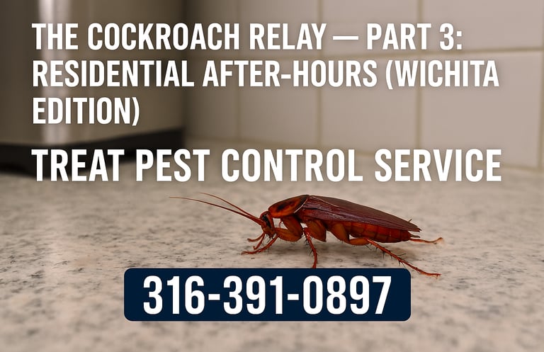 Treat Pest Control — Residential cockroach control hero image: nighttime Wichita kitchen with subtle roach silhouette.