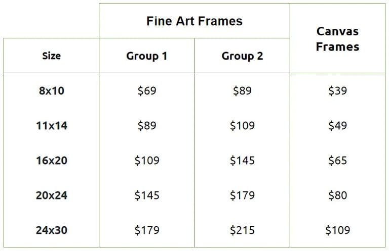 Frame costs for fine art and gallery wrapped canvas prints