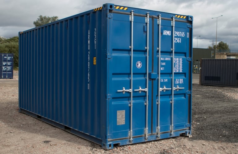 A new one trip blue 20ft high cube shipping container