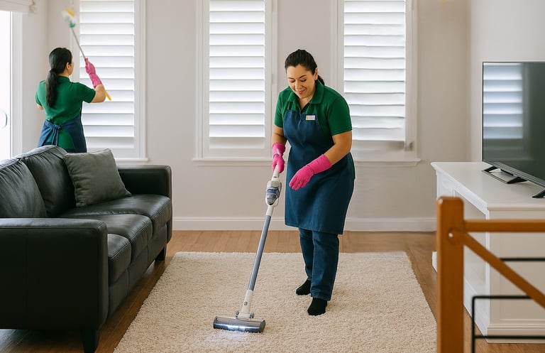 Cleaning personnel are cleaning the living room of a residence.
