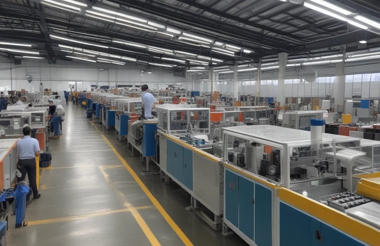 Warehouse shelves stocked with rolls of industrial plastic tapes and packaging materials in a bright, organized space.