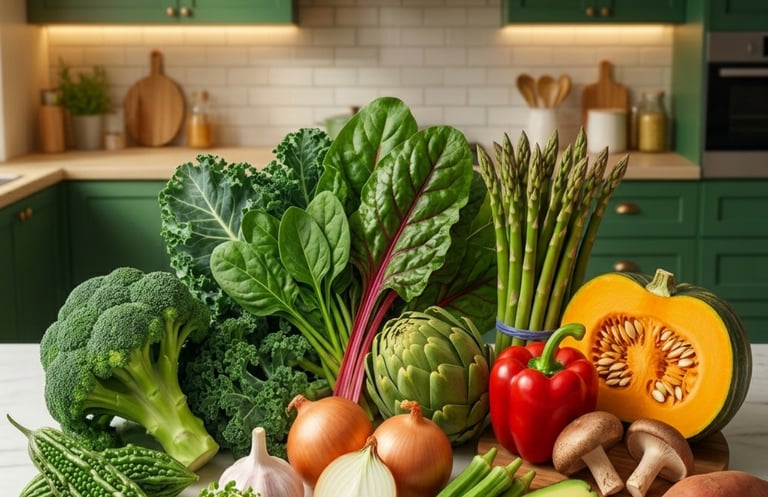 Fresh organic vegetables including kale, broccoli, asparagus, and pumpkin on a kitchen counter.