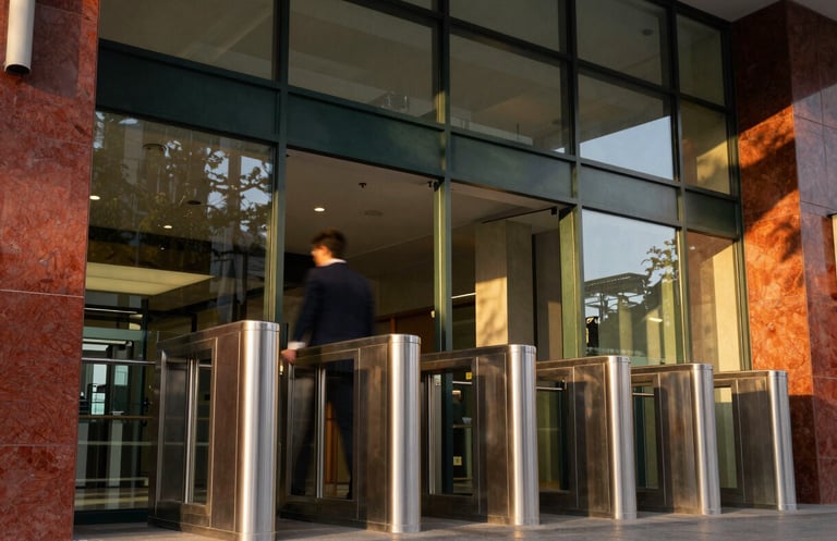 Pessoa passando por catraca torniquete em lobby corporativo moderno