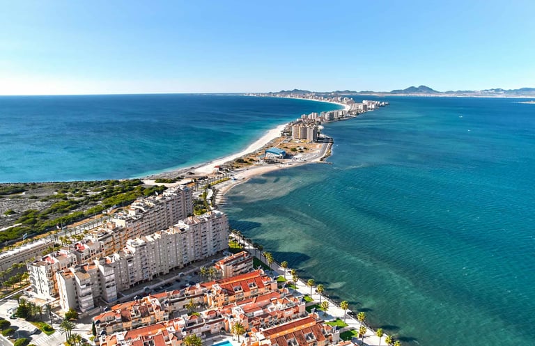 Aerial view of La Manga del Mar Menor coast - serving British expat communities in Los Alcázares and
