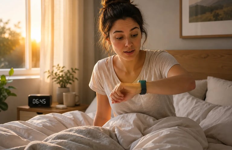 A woman in bed checks her fitness tracker smartwatch at sunrise to track sleep quality.