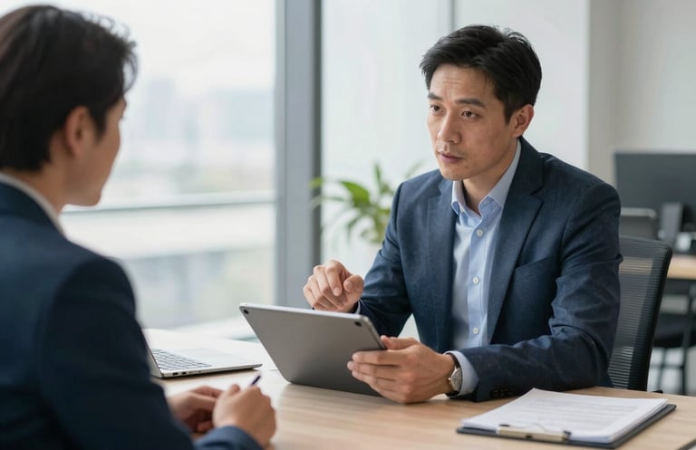 A high-end North American office setting with a technology consultant discussing strategy over a tablet with a client. The atmosphere is professional and innovative, featuring a desk with a clean aesthetic and soft natural light. Muted blue and off-white tones dominate the scene.